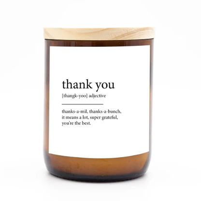 Candle with a label saying 'thank you' on a white background. These Dictionary Meaning Candles are one of our most loved products. We have spent an abundance of time, curating our own meanings of the words to help you feel connected, to help you tell someone how you feel in a unique way. Available at LOVINLIFE Co Byron Bay