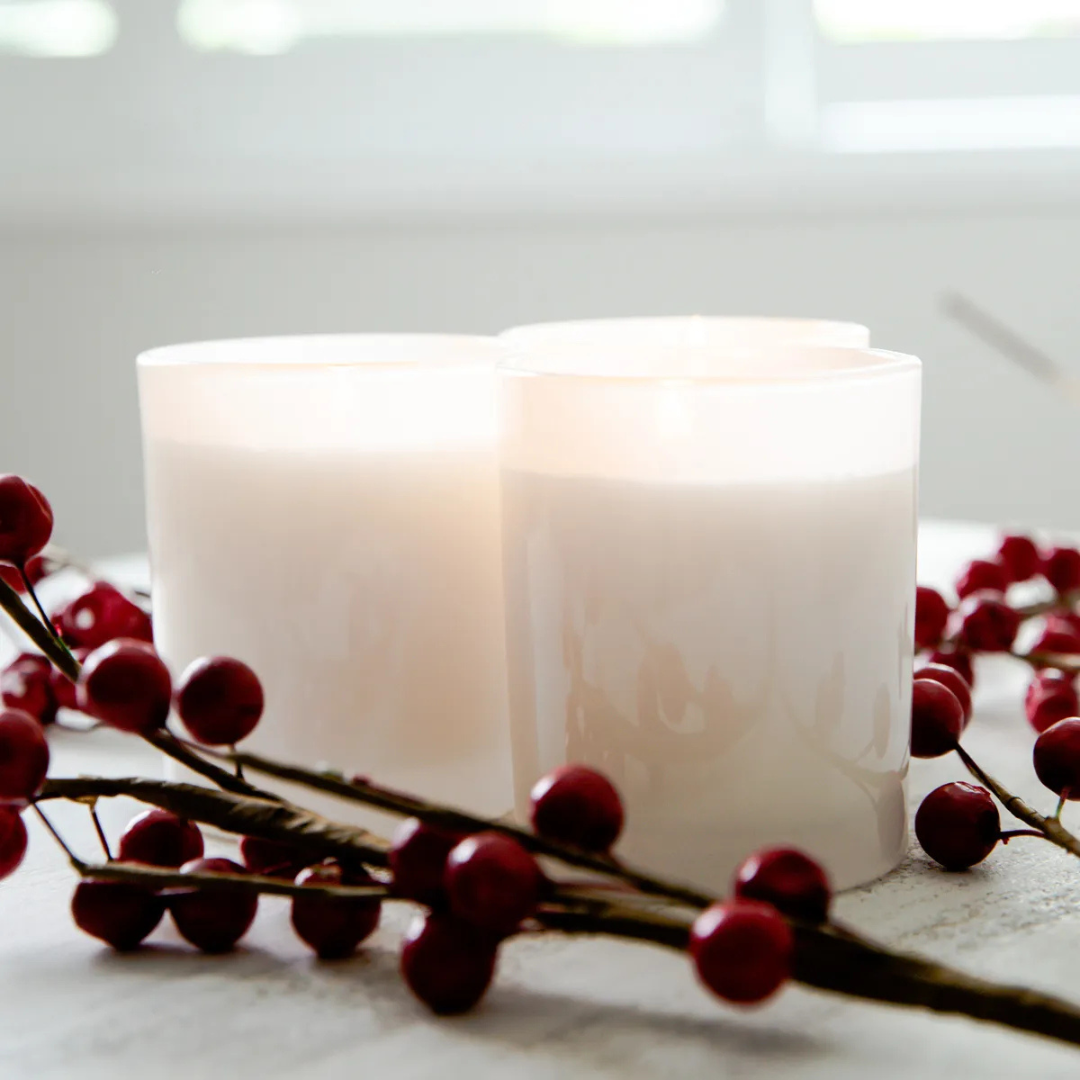 Candle Making Kit - Plain White by Eroma - picture of 3 x alight candles surrounded by berries - Stocked at LOVINLIFE Co Byron Bay for all your gifts, candles and interior decorating needs