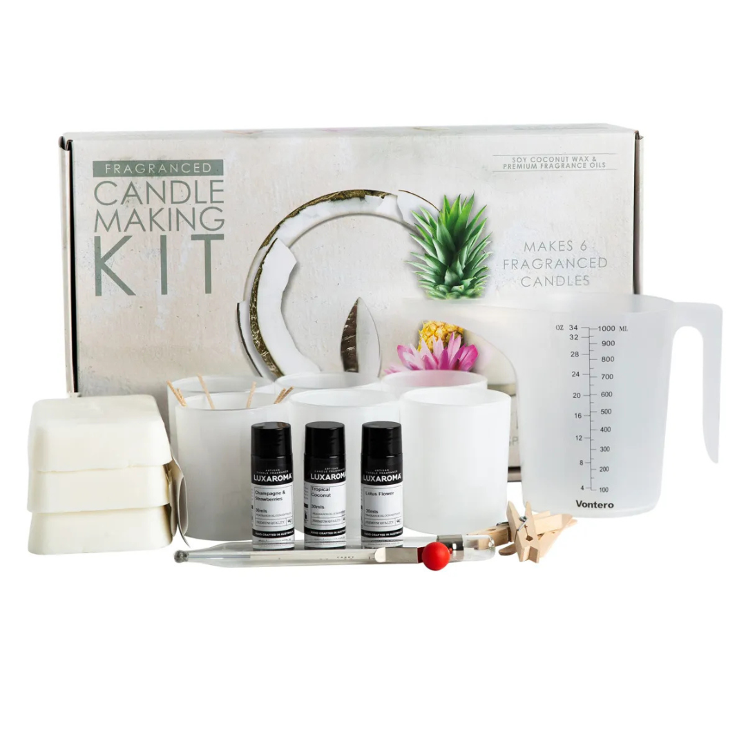 Candle Making Kit - Plain White by Eroma - picture of the kit contents standing in front of the box - Stocked at LOVINLIFE Co Byron Bay for all your gifts, candles and interior decorating needs