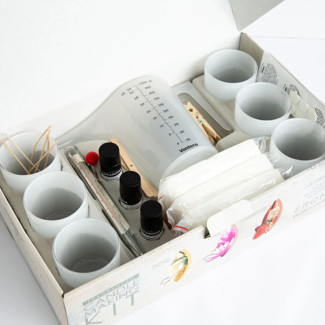 Candle Making Kit - Plain White by Eroma - kit contents inside the box pictured from above - Stocked at LOVINLIFE Co Byron Bay for all your gifts, candles and interior decorating needs