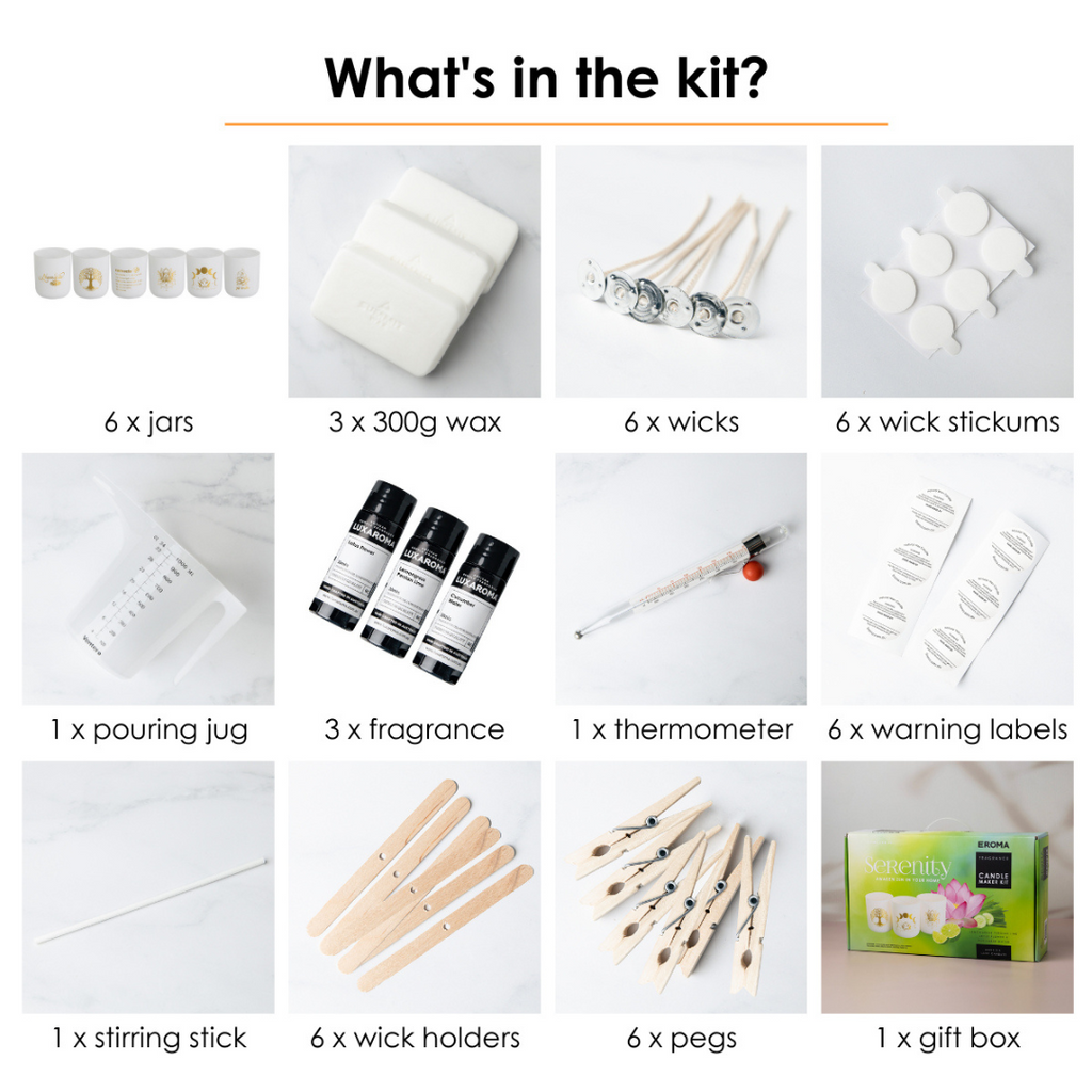 Candle Making Kit - Serenity White with Gold by Eroma - kit contents - Stocked at LOVINLIFE Co Byron Bay for all your gifts, candles and interior decorating needs