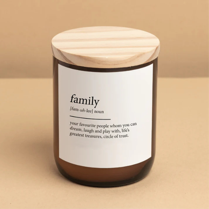 Candle labelled "family" with a wooden lid and a label on a beige background. These Dictionary Meaning Candles are one of our most loved products. We have spent an abundance of time, curating our own meanings of the words to help you feel connected, to help you tell someone how you feel in a unique way. Available at LOVINLIFE Co Byron Bay