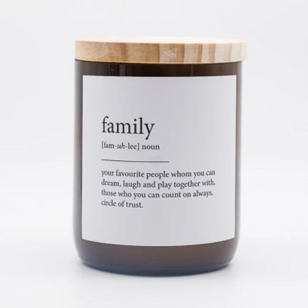 Candle with a label defining 'family' on a white background. These Dictionary Meaning Candles are one of our most loved products. We have spent an abundance of time, curating our own meanings of the words to help you feel connected, to help you tell someone how you feel in a unique way. Available at LOVINLIFE Co Byron Bay