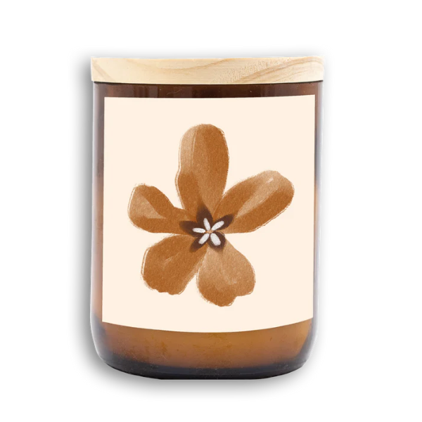 Candle with wooden lid and flower design on label. Earth Essentials, the little candles of goodness you cannot live without. Bringing simple, cute, fun images to our midi's in a fun way! Available at LOVINLIFE Co Byron Bay
