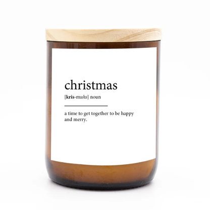 Candle with a white label featuring the definition of 'Christmas' on a white background. These Dictionary Meaning Candles are some of our most loved products. We have spent an abundance of time, curating our own meanings of the words to help you feel connected, to help you tell someone how you feel in a unique way. Available at LOVINLIFE Co Byron Bay