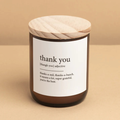 Candle with a wooden lid and 'thank you' label on a beige background. These Dictionary Meaning Candles are one of our most loved products. We have spent an abundance of time, curating our own meanings of the words to help you feel connected, to help you tell someone how you feel in a unique way. Available at LOVINLIFE Co Byron Bay