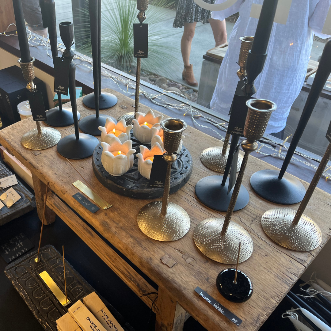 Indigo Love Grace Black Taper Candlestands, Tinker Brass Candlestands and Marble Lotus Tea light candle holders - Handcrafted from iron and brass - antique - Pictured all together - Tabletop Candle Holders on display at LOVINLIFE Co Byron Bay for all your gifts, candles and interior decorating needs