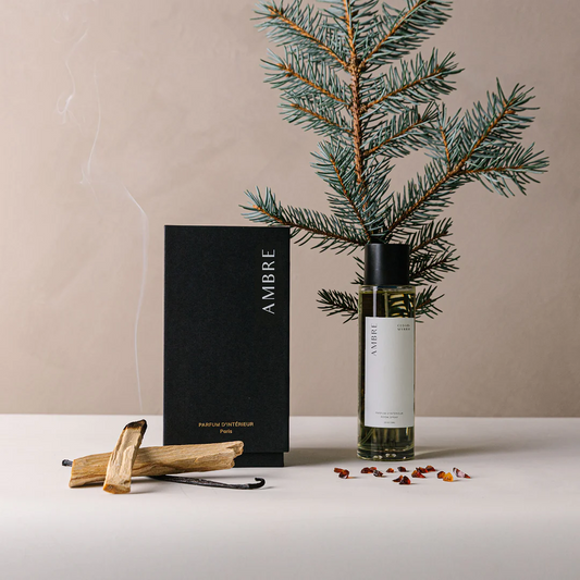 Cedar & Myrrh - Parfum D'Interieur - Room Spray - Ambre - pictured with palo santo, vanila, amber and pine tree branch - Stocked at LOVINLIFE Co Byron Bay for all your gifts, candles and interior decorating needs