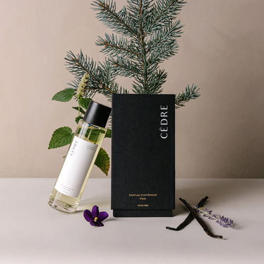 Cedar & Myrrh -Parfum D'Interieur - Room Spray - Cedre - pictured with violet flower, vanila, lavender and pine tree branch- Stocked at LOVINLIFE Co Byron Bay for all your gifts, candles and interior decorating needs