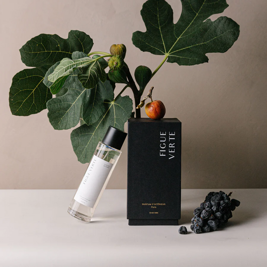 Cedar & Myrrh - Parfum D'Interieur - Room Spray - Figue Verte - pictured with a fig tree branch, an apple and dried fruit - Stocked at LOVINLIFE Co Byron Bay for all your gifts, candles and interior decorating needs