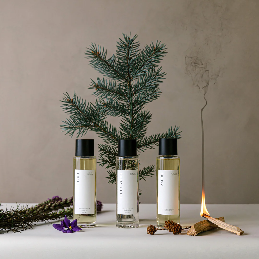 Cedar & Myrrh -Parfum D'Interieur - Room Spray collection - pictured with burning palo santo sticks and other flowers - Stocked at LOVINLIFE Co Byron Bay for all your gifts, candles and interior decorating needs