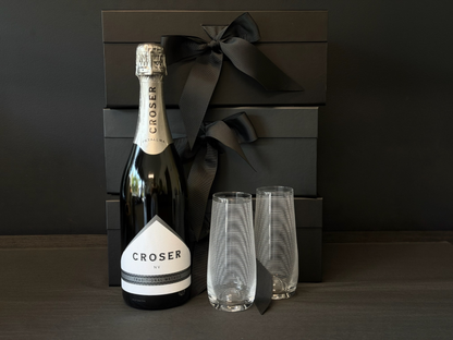 Celebrate Gift Box containing Croser Sparkling Wine, 2 stemless Champagne flutes etched with lines and a twin box of Loco Love Chocolates. Available at LOVINLIFE Co Byron Bay