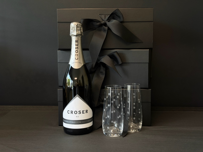 Celebrate Gift Box containing Croser Sparkling Wine, 2 stemless Champagne flutes etched with Stars and a twin box of Loco Love Chocolates. Available at LOVINLIFE Co Byron Bay