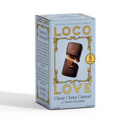Blue box of Loco Love Classic Chewy Caramel with Vegan Collagen chocolate bars. 5 Pack. Vegan, gluten-free, sustainably sourced and no refined sugars. Each box contains 2 x chocolates.
Available LOVINLIFE Co Byron Bay.