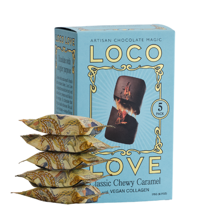 5 Pack, Blue box of Loco Love Classic Chewy Caramel with Vegan Collagen chocolate bars, next to stack of 5 chocolates. Vegan, gluten-free, sustainably sourced and no refined sugars. Each box contains 2 x chocolates.
Available LOVINLIFE Co Byron Bay.