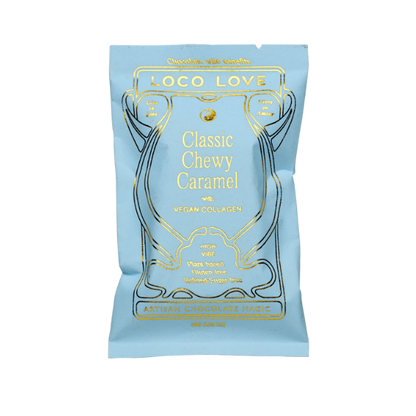 Sky Blue packaging of Loco Love Classic Chewy Caramel Chocolates. Vegan, gluten-free, sustainably sourced and no refined sugars. 
Available LOVINLIFE Co Byron Bay.