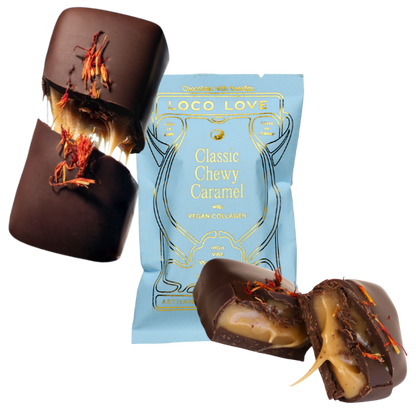 Images shows unwrapped and wrapped (blue) Loco Love Classic Chewy Caramel Chocolates. Vegan, gluten-free, sustainably sourced and no refined sugars. 
Available LOVINLIFE Co Byron Bay.