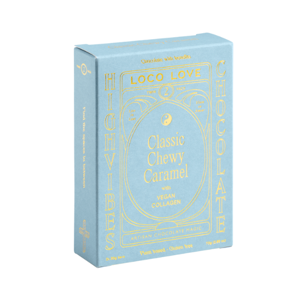 Sky Blue box of Loco Love chocolate with gold text for Classic Chewy Caramel. Vegan, gluten-free, sustainably sourced and no refined sugars. Each box contains 2 x chocolates.
Available LOVINLIFE Co Byron Bay.