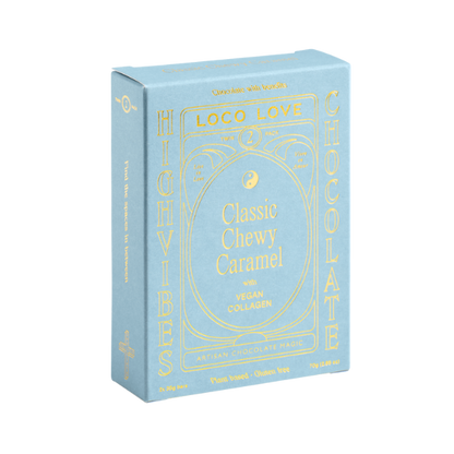Sky Blue box of Loco Love chocolate with gold text for Classic Chewy Caramel. Vegan, gluten-free, sustainably sourced and no refined sugars. Each box contains 2 x chocolates.
Available LOVINLIFE Co Byron Bay.