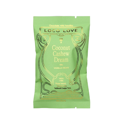Green packaging of Loco Love Coconut Cashew Dream Chocolates. Vegan, gluten-free, sustainably sourced and no refined sugars. 
Available LOVINLIFE Co Byron Bay.
