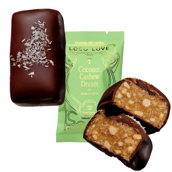 Images shows unwrapped and wrapped (green) Loco Love Coconut Cashew Dream Chocolates. Vegan, gluten-free, sustainably sourced and no refined sugars. 
Available LOVINLIFE Co Byron Bay.