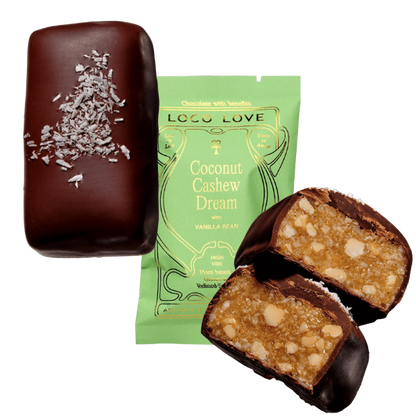 Images shows unwrapped and wrapped (green) Loco Love Coconut Cashew Dream Chocolates. Vegan, gluten-free, sustainably sourced and no refined sugars. 
Available LOVINLIFE Co Byron Bay.