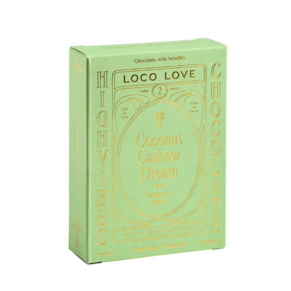 Green box of Loco Love chocolate with gold text for Coconut Cashew Dream. Vegan, gluten-free, sustainably sourced and no refined sugars. Each box contains 2 x chocolates.
Available LOVINLIFE Co Byron Bay.
