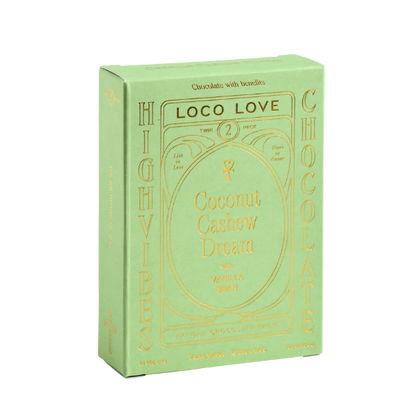 Green box of Loco Love chocolate with gold text for Coconut Cashew Dream. Vegan, gluten-free, sustainably sourced and no refined sugars. Each box contains 2 x chocolates.
Available LOVINLIFE Co Byron Bay.