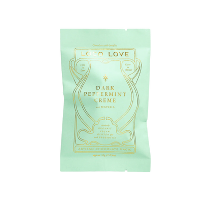 Light Blue packaging of Loco Love Dark Peppermint Creme Chocolates. Vegan, gluten-free, sustainably sourced and no refined sugars. 
Available LOVINLIFE Co Byron Bay. 