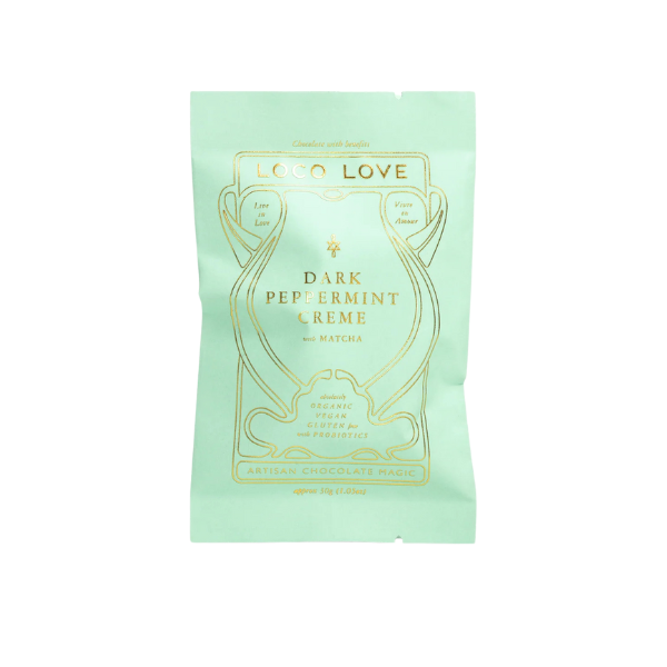 Mint green packaging of Loco Love Dark Peppermint Creme Chocolates. Vegan, gluten-free, sustainably sourced and no refined sugars. 
Available LOVINLIFE Co Byron Bay.