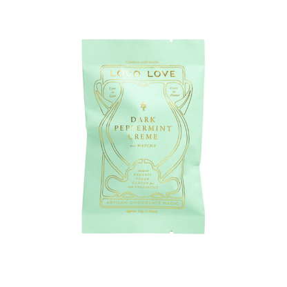 Mint green packaging of Loco Love Dark Peppermint Creme Chocolates. Vegan, gluten-free, sustainably sourced and no refined sugars. 
Available LOVINLIFE Co Byron Bay.