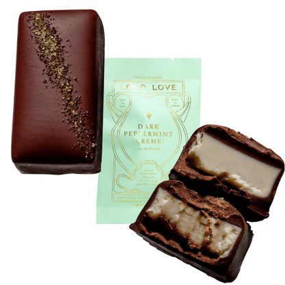 Images shows unwrapped and wrapped (light blue/green) Loco Love Dark Peppermint Creme Chocolates. Vegan, gluten-free, sustainably sourced and no refined sugars. 
Available LOVINLIFE Co Byron Bay.