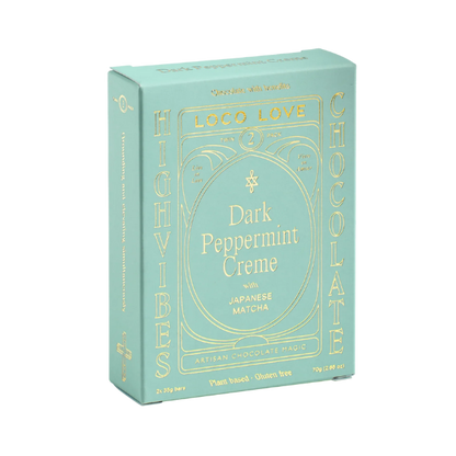 Light Blue box of Loco Love chocolate with gold text for Dark Peppermint Creme. Vegan, gluten-free, sustainably sourced and no refined sugars. Each box contains 2 x chocolates.
Available LOVINLIFE Co Byron Bay.