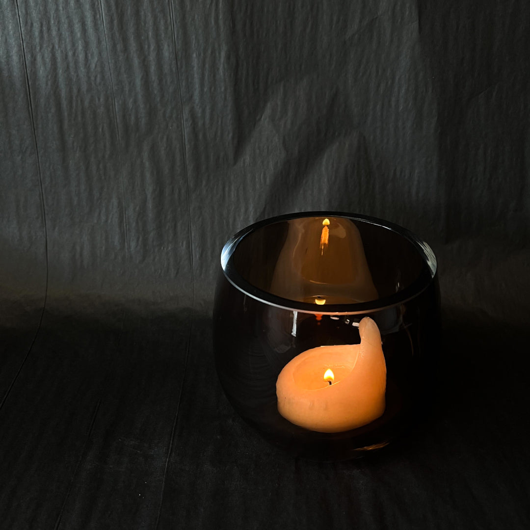 Droplet Vase and Candle Holder or Lantern -  Bronze with white candle pictured from side - 12cm - Polish Glassware range from Francalia - Tabletop Candle Holders - available at LOVINLIFE Co Byron Bay for all your gifts, candles and interior decorating needs