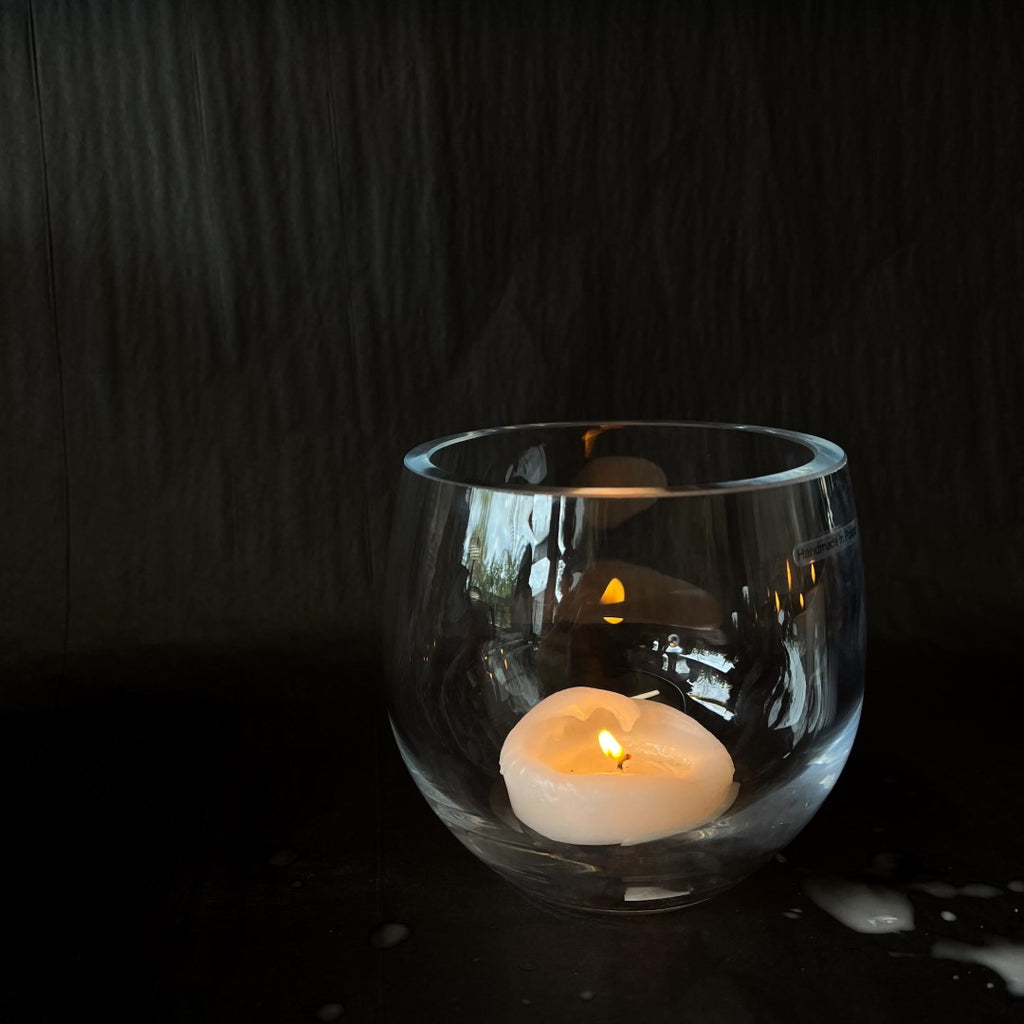 Droplet Vase and Candle Holder or Lantern -  Clear with white candle pictured from side - 12cm - Polish Glassware range from Francalia - Tabletop Candle Holders - available at LOVINLIFE Co Byron Bay for all your gifts, candles and interior decorating needs