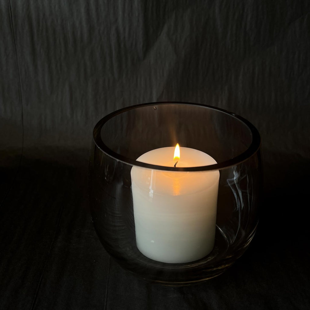 Droplet Vase and Candle Holder or Lantern -  Lustre Black with white candle pictured from side - 12cm - Polish Glassware range from Francalia - Tabletop Candle Holders - available at LOVINLIFE Co Byron Bay for all your gifts, candles and interior decorating needs