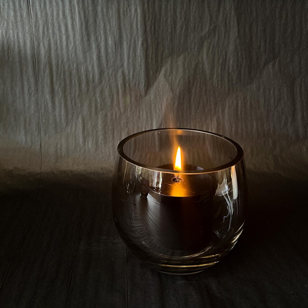 Droplet Vase and Candle Holder or Lantern -  Lustre Black with black candle pictured from side - 12cm - Polish Glassware range from Francalia - Tabletop Candle Holders - available at LOVINLIFE Co Byron Bay for all your gifts, candles and interior decorating needs