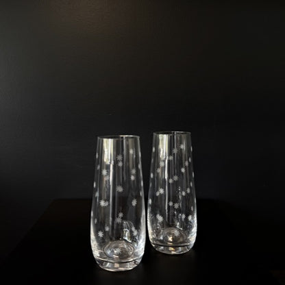 Pair of Francalia Piana Stemless Champagne Glasses etched with Stars, on a black background - Stocked at LOVINLIFE Co Byron Bay for all your gifts, candles, homewares and interior decorating needs