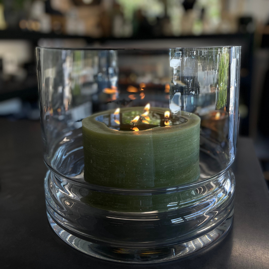 Glass Base Candle Holder / Vase from Francalia in Clear, pictured holding a large multi wick candle in khaki - Stocked at LOVINLIFE Co Byron Bay for all your gifts, candles and interior decorating needs