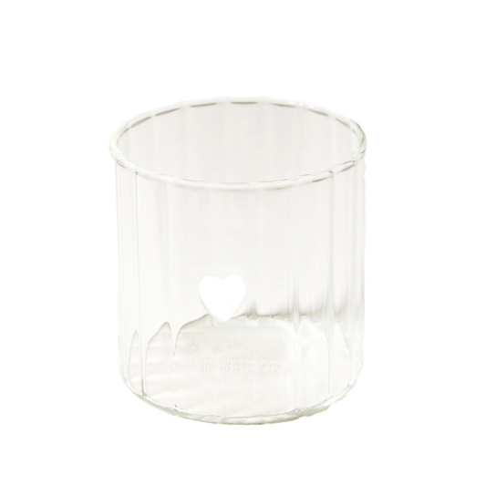 Clear glass tumbler with a white love heart on a white background. Part of the Robert Gordon Collection stocked at LOVINLIFE Co Byron Bay for all your gifts, candles, homewares and interior decorating needs
