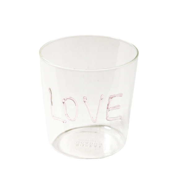 Clear glass tumbler with 'LOVE' engraving on a white background. Part of the Robert Gordon Collection stocked at LOVINLIFE Co Byron Bay for all your gifts, candles, homewares and interior decorating needs