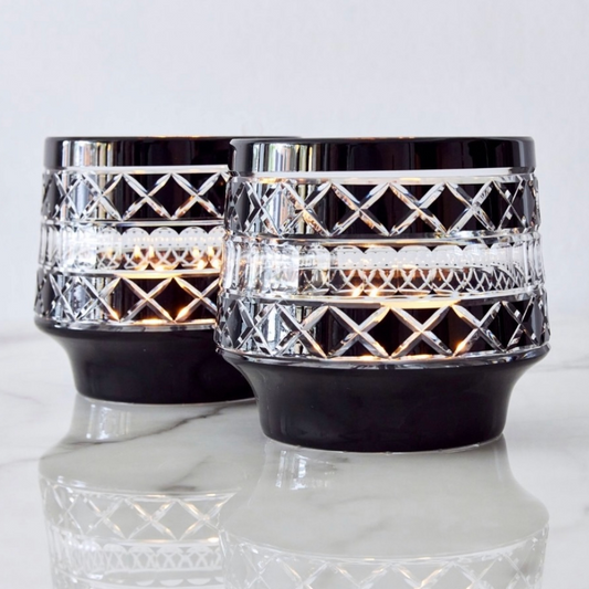 Hand Blown and Cut Crystal Lanterns - Black and Clear - perfect to hold a candle or as a vase - 2 pictured on marble bench - Tabletop Candle Holders available at LOVINLIFE Co Byron Bay for all your gifts, candles and interior decorating needs