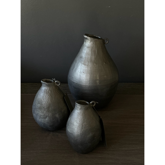 Lovinlife Co ByronBay - Handmade Ceramics Range - Tiny Handles Vessels by MC STUDIO CERAMICS - 3 x Volcanic Black clay ceramic Carafe's or jug's with tiny handles pictured - available at LOVINLIFE Co Byron Bay for all your gifts, candles and interior decorating needs
