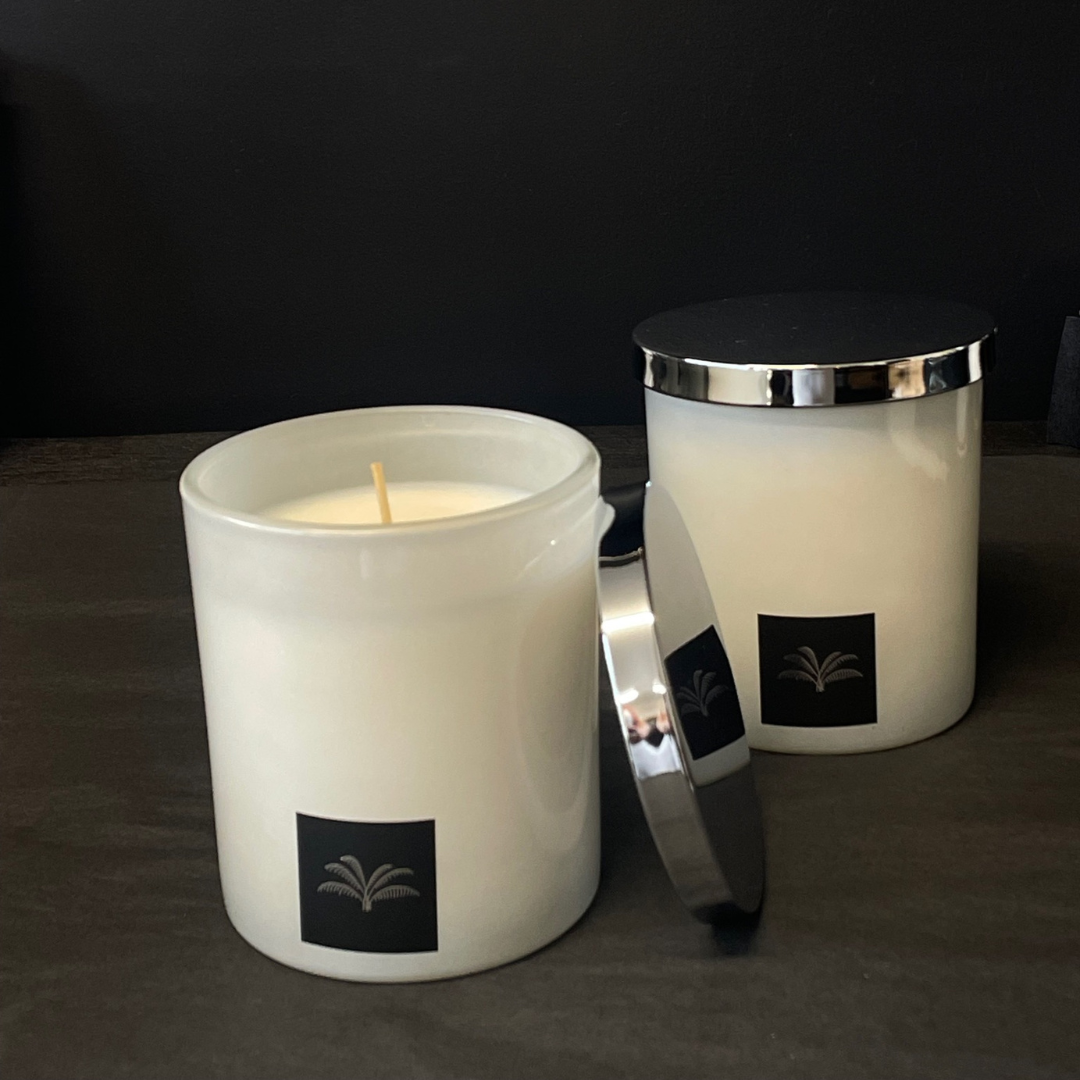 Lovinlife Co ByronBay - Signature Candle Range, also available for wholesale - Natural, Hand Made Candle in Re-usable jar - 2 x French Vanilla custom order candles pictured, one with it's lid off - available at LOVINLIFE Co Byron Bay for all your gifts, candles and interior decorating needs