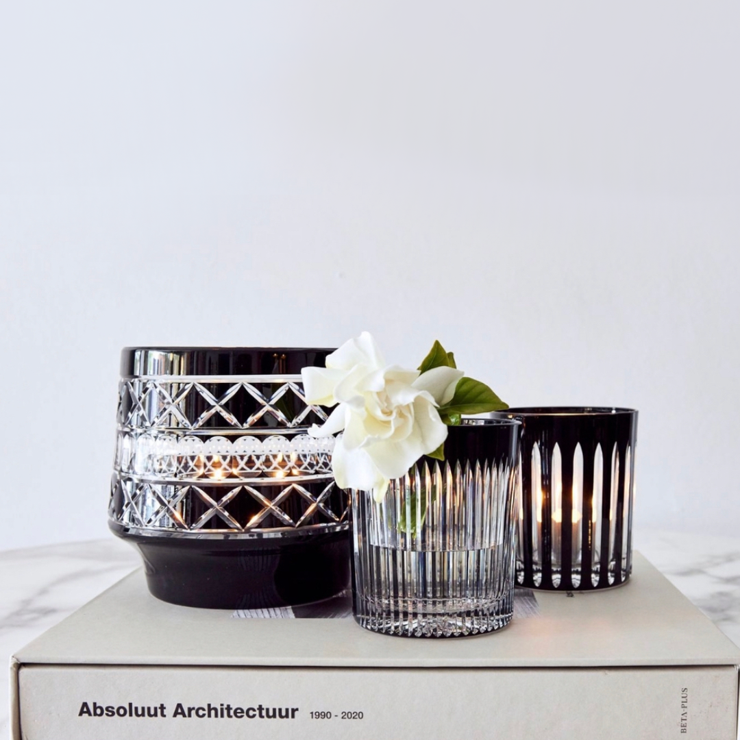 Hand Blown and Cut Crystal Lanterns - Black and Clear - perfect to hold a candle or as a vase - variety of sizes and styles pictured on book - Tabletop Candle Holders available at LOVINLIFE Co Byron Bay for all your gifts, candles and interior decorating needs