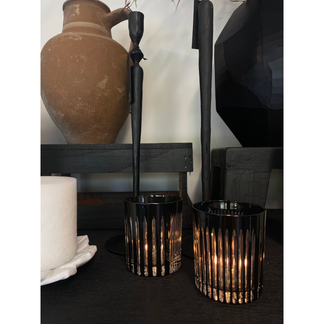 Hand Blown and Cut Crystal Lanterns - Black and Clear - perfect to hold a tealight candle or as a tumbler - Tabletop Candle Holders available at LOVINLIFE Co Byron Bay for all your gifts, candles and interior decorating needs