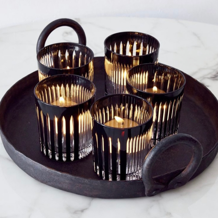 Hand Blown and Cut Crystal Lanterns - Black and Clear - perfect to hold a tealight candle or as a tumbler - pictured in a metal drinks tray - Tabletop Candle Holders available at LOVINLIFE Co Byron Bay for all your gifts, candles and interior decorating needs