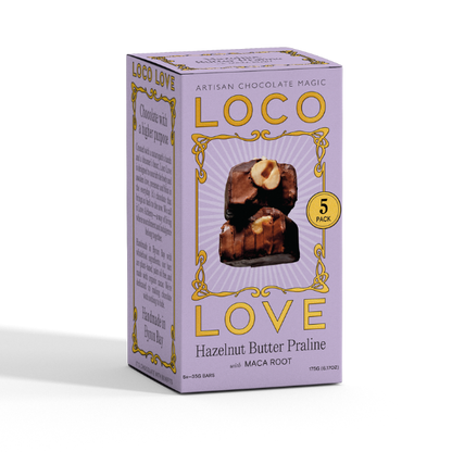 Purple box of Loco Love Hazelnut Butter Praline with Maca Root chocolate bars. 5 Pack. Vegan, gluten-free, sustainably sourced and no refined sugars. Each box contains 2 x chocolates.
Available LOVINLIFE Co Byron Bay.