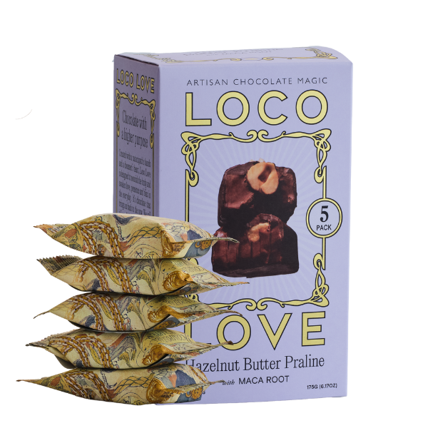 5 Pack, Purple box of Loco Love Hazelnut Butter Praline with Maca Root chocolate bars, next to stack of 5 chocolates. Vegan, gluten-free, sustainably sourced and no refined sugars. Each box contains 2 x chocolates.
Available LOVINLIFE Co Byron Bay.