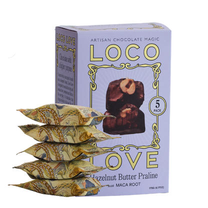 5 Pack, Purple box of Loco Love Hazelnut Butter Praline with Maca Root chocolate bars, next to stack of 5 chocolates. Vegan, gluten-free, sustainably sourced and no refined sugars. Each box contains 2 x chocolates.
Available LOVINLIFE Co Byron Bay.